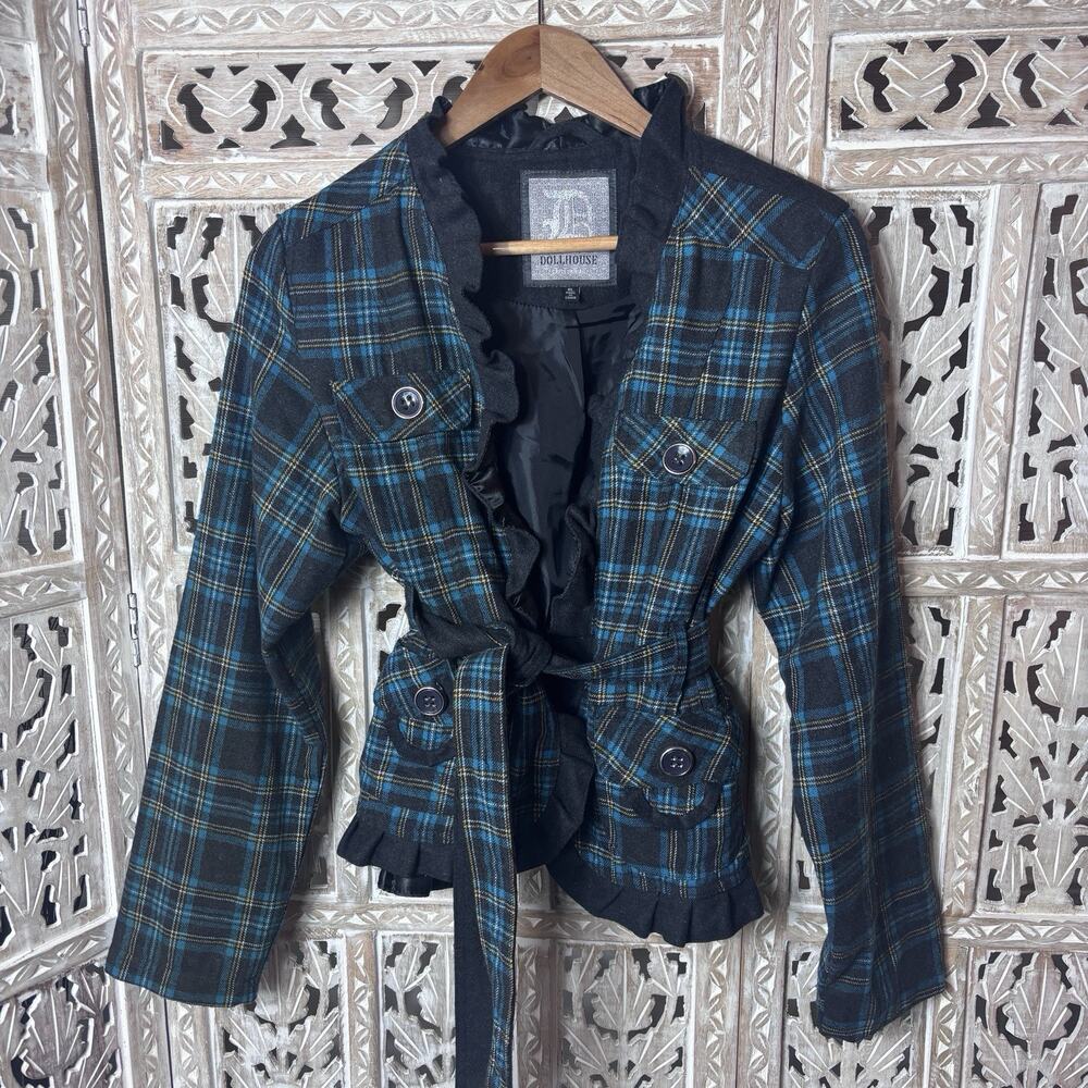 Womens 90s Vintage Dollhouse Blazer Jacket Teal Gray Ruffle Plaid Wool Size XL